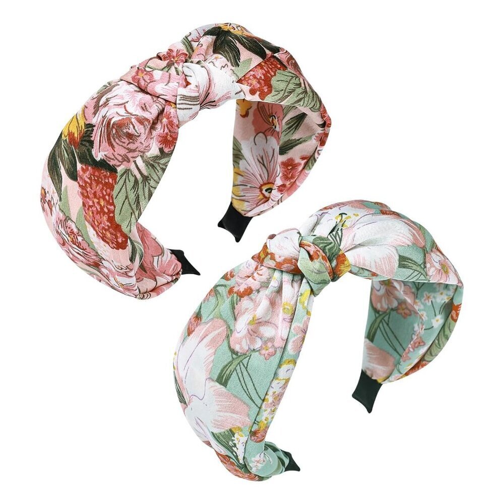 2-Piece Fabric Flower Print Headbands Wide Non-Slip Hair Accessories for Women G